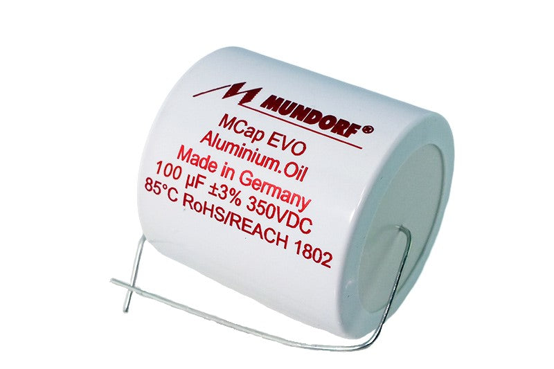 Mundorf Capacitor 100uF 350Vdc MCap® EVO Oil Series Metalized Aluminum Polypropylene Axial